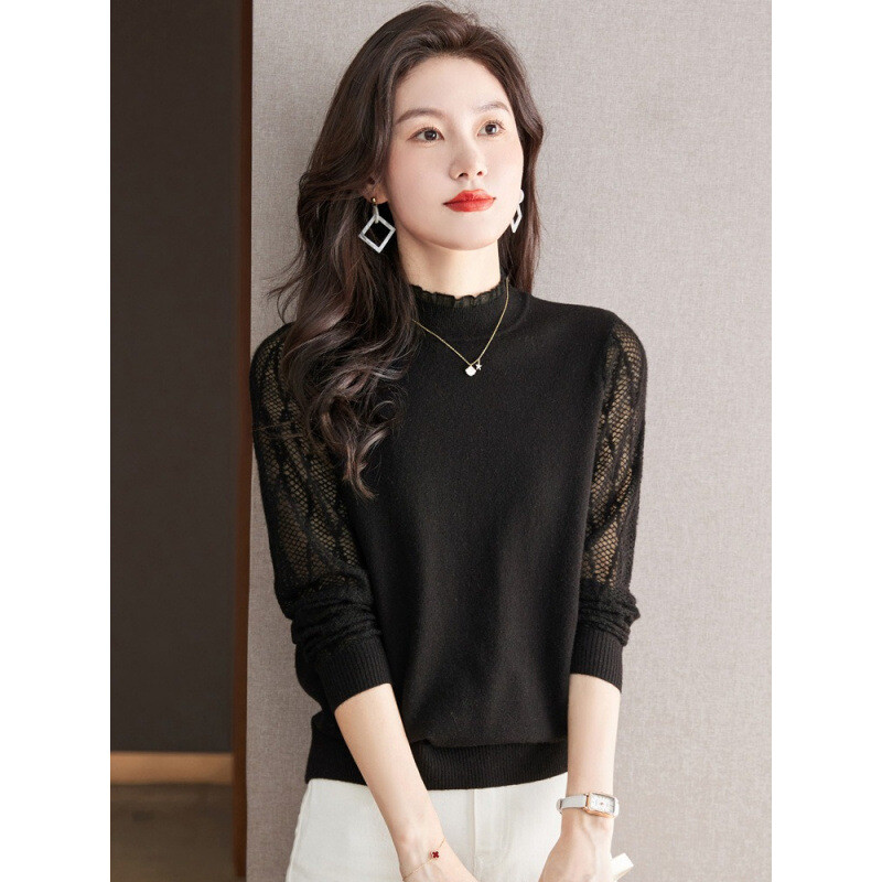 Ženski čipkasti top s visokim ovratnikom, novi stil proljeće 2024., top s unutarnjim slojem, pleteni džemper, crni džemper, proljeće