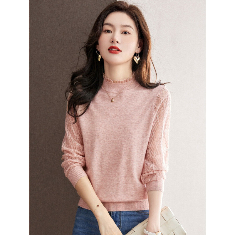 Ženski čipkasti top s visokim ovratnikom, novi stil proljeće 2024., top s unutarnjim slojem, pleteni džemper, crni džemper, proljeće