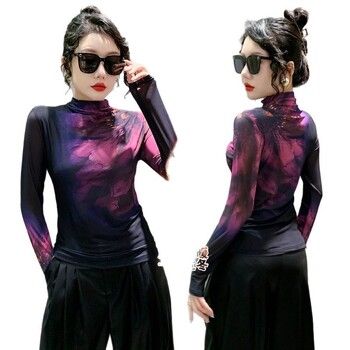 Дамска риза с полар и щампа, есенно-зимна, с полувисоко деколте, дълъг ръкав и мрежест горнище от Югоизточна Азия