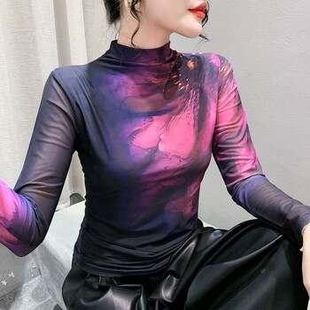 Дамска риза с полар и щампа, есенно-зимна, с полувисоко деколте, дълъг ръкав и мрежест горнище от Югоизточна Азия