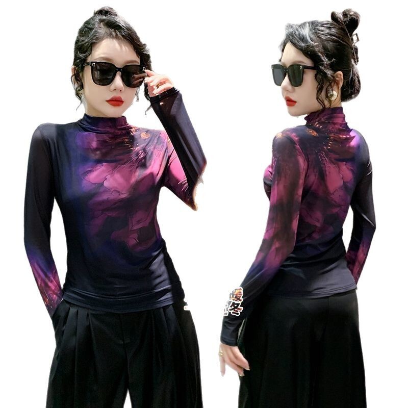 Cămașă de damă din fleece cu imprimeu, toamnă-iarnă, cu decolteu semi-înalt, mâneci lungi și top din plasă, din Asia de Sud-Est