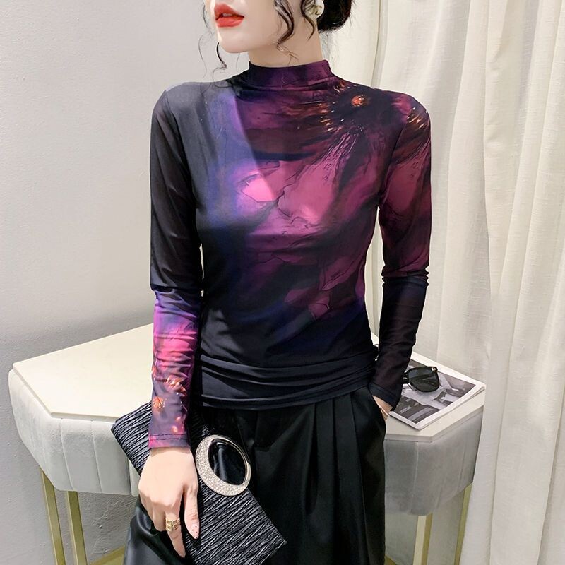 Cămașă de damă din fleece cu imprimeu, toamnă-iarnă, cu decolteu semi-înalt, mâneci lungi și top din plasă, din Asia de Sud-Est