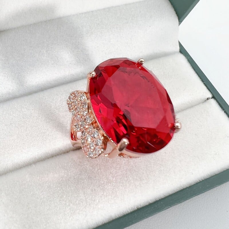 Οβάλ δαχτυλίδι με κόκκινο διαμάντι και ρουμπίνι, επιχρυσωμένο με ροζ χρυσό 18 καρατίων και σχήμα ουράνιου τόξου, δημοφιλές για ζωντανή μετάδοση, δαχτυλίδι με κόκκινο κρύσταλλο και παπιγιόν