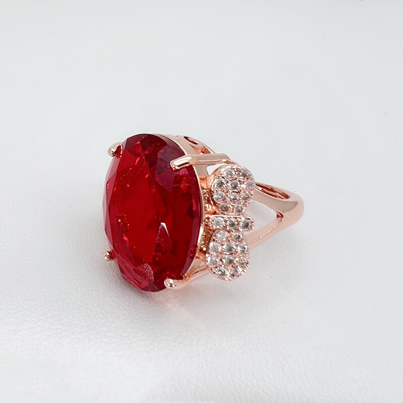 Οβάλ δαχτυλίδι με κόκκινο διαμάντι και ρουμπίνι, επιχρυσωμένο με ροζ χρυσό 18 καρατίων και σχήμα ουράνιου τόξου, δημοφιλές για ζωντανή μετάδοση, δαχτυλίδι με κόκκινο κρύσταλλο και παπιγιόν