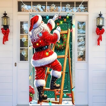 Új, határokon átnyúló ajtóborító Mikulással, boldog ajtódíszítéssel, téli háttérrel, függönnyel, ünnepi partidekorációval