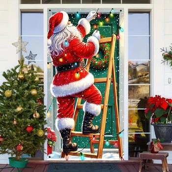 Új, határokon átnyúló ajtóborító Mikulással, boldog ajtódíszítéssel, téli háttérrel, függönnyel, ünnepi partidekorációval