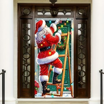 Új, határokon átnyúló ajtóborító Mikulással, boldog ajtódíszítéssel, téli háttérrel, függönnyel, ünnepi partidekorációval