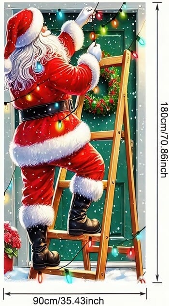 Új, határokon átnyúló ajtóborító Mikulással, boldog ajtódíszítéssel, téli háttérrel, függönnyel, ünnepi partidekorációval