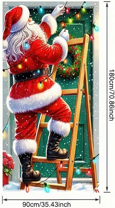 Új, határokon átnyúló ajtóborító Mikulással, boldog ajtódíszítéssel, téli háttérrel, függönnyel, ünnepi partidekorációval