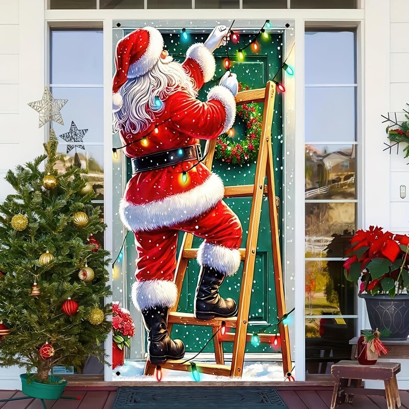 Új, határokon átnyúló ajtóborító Mikulással, boldog ajtódíszítéssel, téli háttérrel, függönnyel, ünnepi partidekorációval