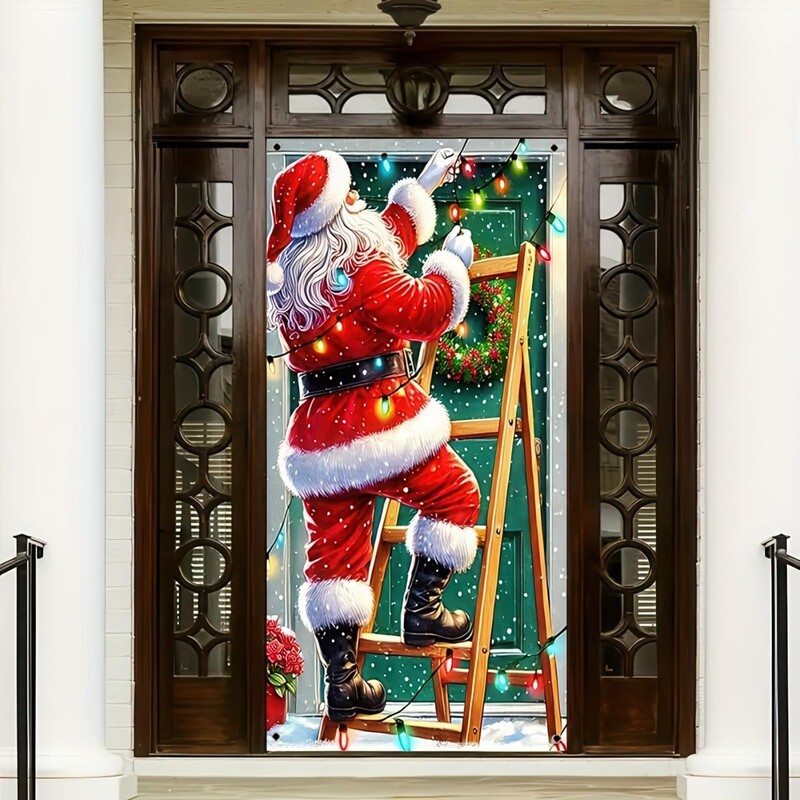 Új, határokon átnyúló ajtóborító Mikulással, boldog ajtódíszítéssel, téli háttérrel, függönnyel, ünnepi partidekorációval