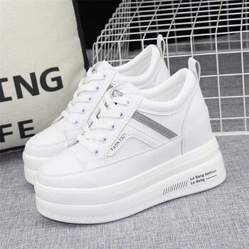 Дамски бели маратонки със скрит ток 10 см, нов модел пролет 2025, кожени, дебела подметка, ежедневни обувки, популярни онлайн, универсални, стягащи единични обувки