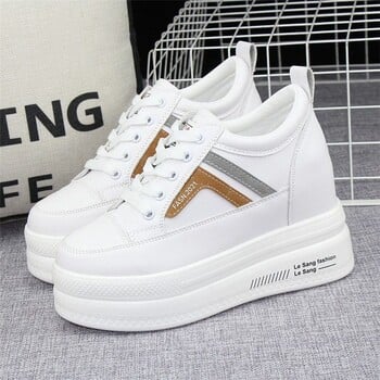 Дамски бели маратонки със скрит ток 10 см, нов модел пролет 2025, кожени, дебела подметка, ежедневни обувки, популярни онлайн, универсални, стягащи единични обувки