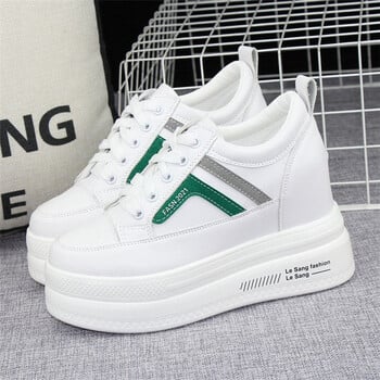 Дамски бели маратонки със скрит ток 10 см, нов модел пролет 2025, кожени, дебела подметка, ежедневни обувки, популярни онлайн, универсални, стягащи единични обувки