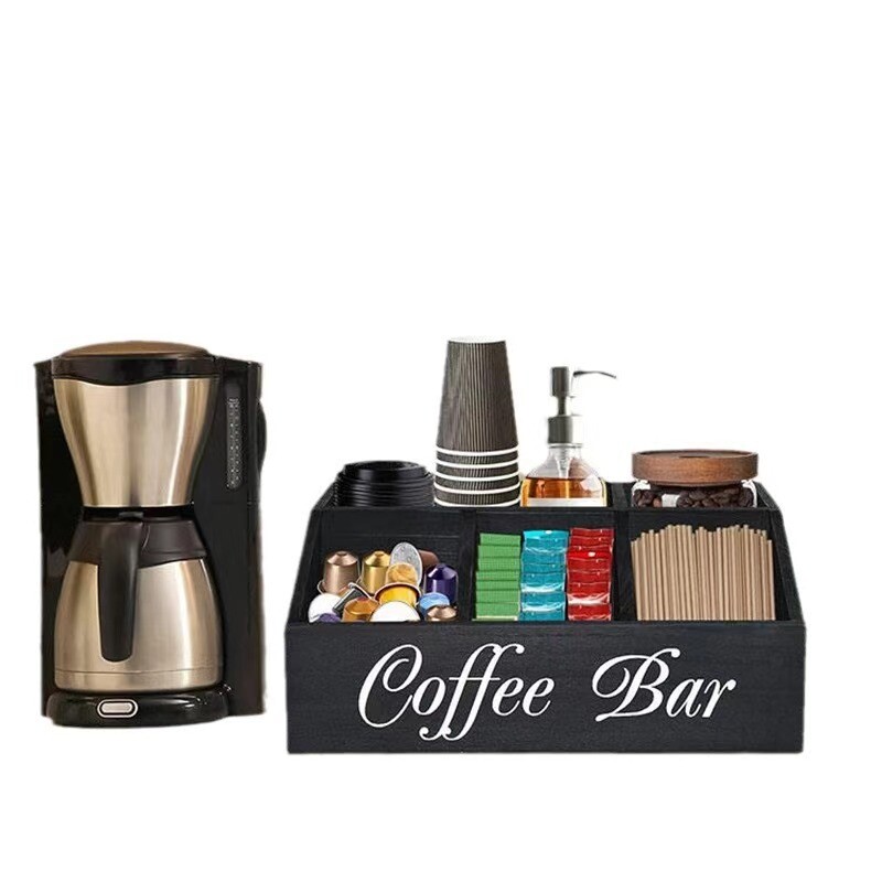 Medinė kavos laikymo dėžutė maišeliuose su skyreliais, stalinė kavos laikymo dėžutė, kavos prieskonių laikymo dėžutė