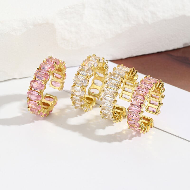 Inel deschis roz-alb cu incrustații de diamante din cupru, vânzare internațională, bijuterie unică, inel reglabil oval și pătrat geometric de lux ușor