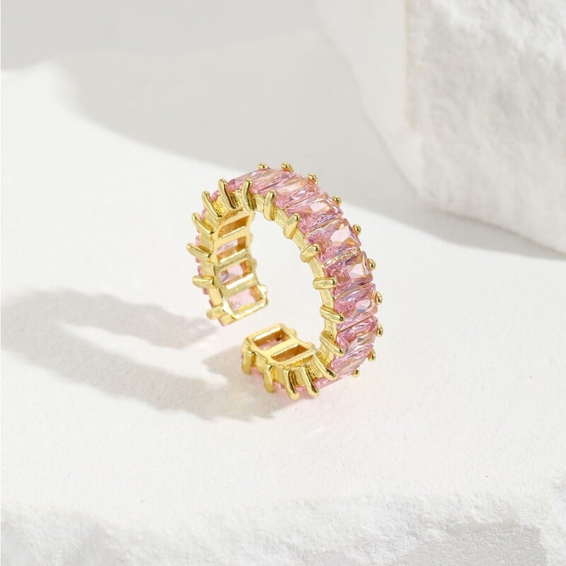 Inel deschis roz-alb cu incrustații de diamante din cupru, vânzare internațională, bijuterie unică, inel reglabil oval și pătrat geometric de lux ușor