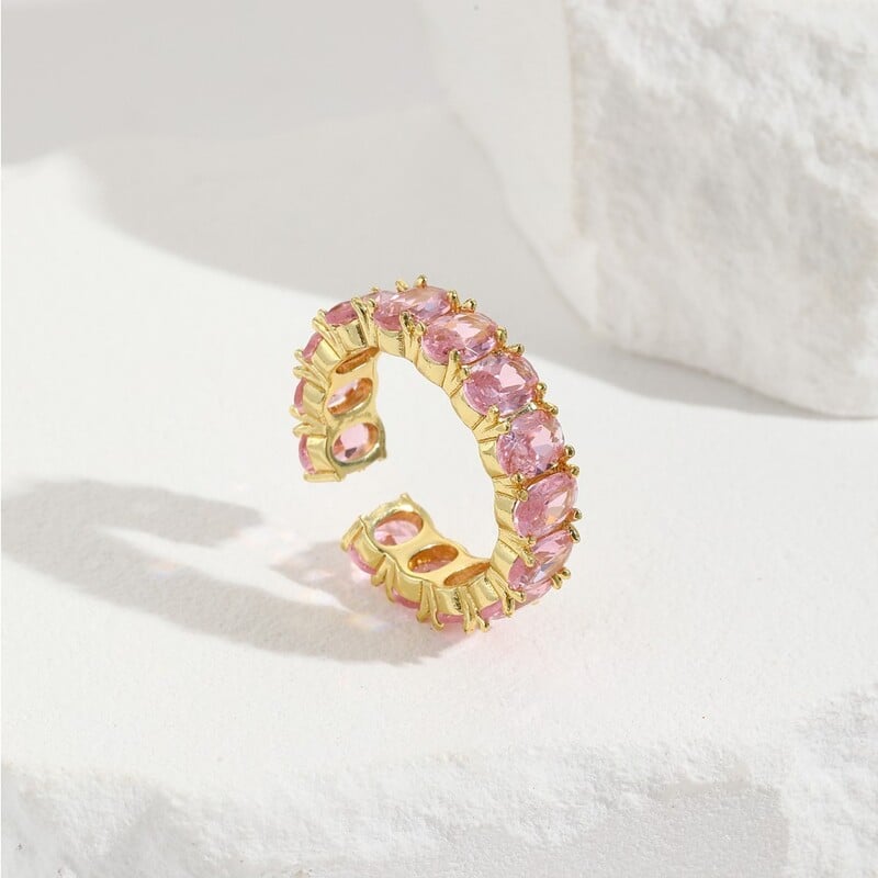 Inel deschis roz-alb cu incrustații de diamante din cupru, vânzare internațională, bijuterie unică, inel reglabil oval și pătrat geometric de lux ușor