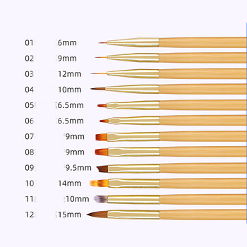Oriģinālu koka nagu mākslas otu komplekts (12 gēla nagu otiņas ar apaļiem galiem, franču pusmēness formas otiņa)