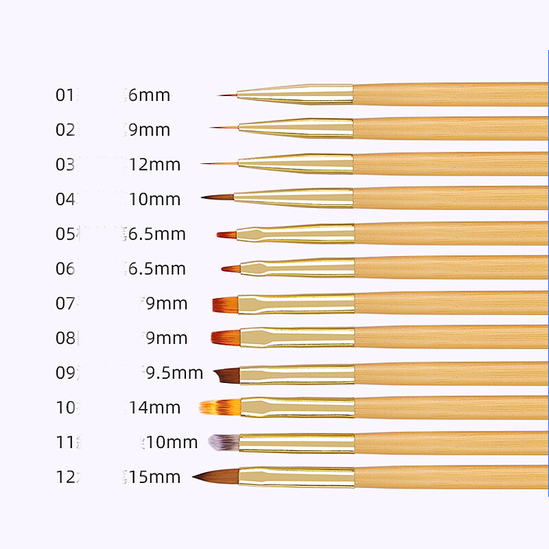 Oriģinālu koka nagu mākslas otu komplekts (12 gēla nagu otiņas ar apaļiem galiem, franču pusmēness formas otiņa)
