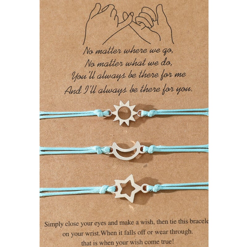 Регулируема восъчна въжена гривна за жени, гривна с картичка за приятелство в европейски и американски стил, ръчно тъкана гривна за приятелство със слънце, луна и звезди.