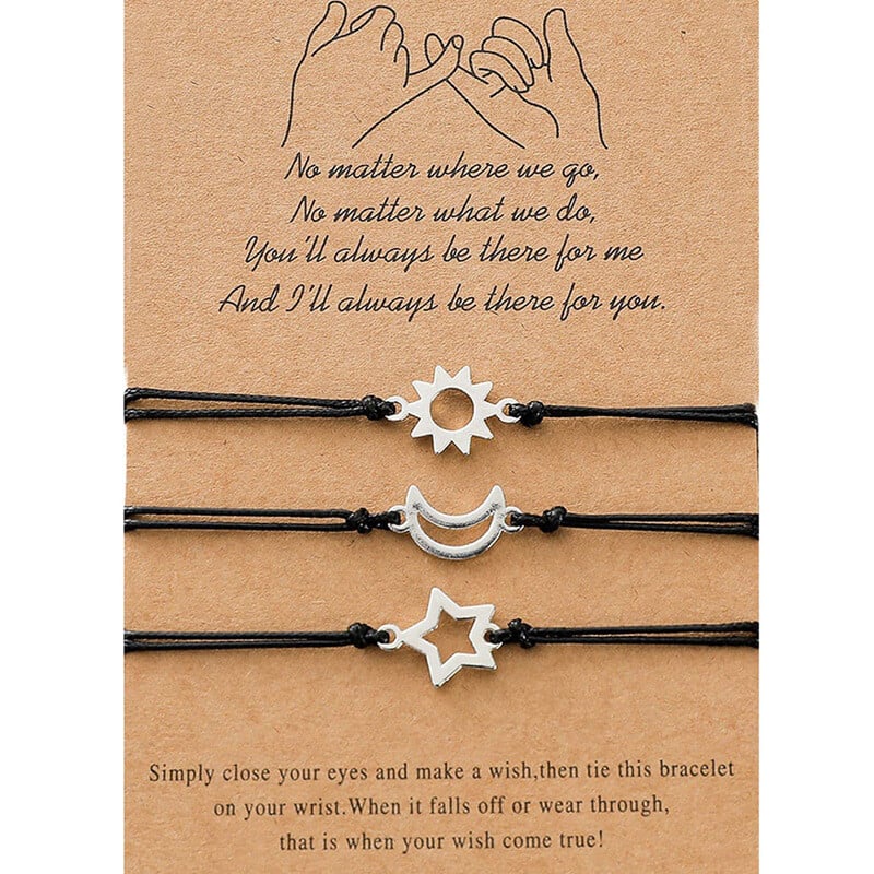 Регулируема восъчна въжена гривна за жени, гривна с картичка за приятелство в европейски и американски стил, ръчно тъкана гривна за приятелство със слънце, луна и звезди.