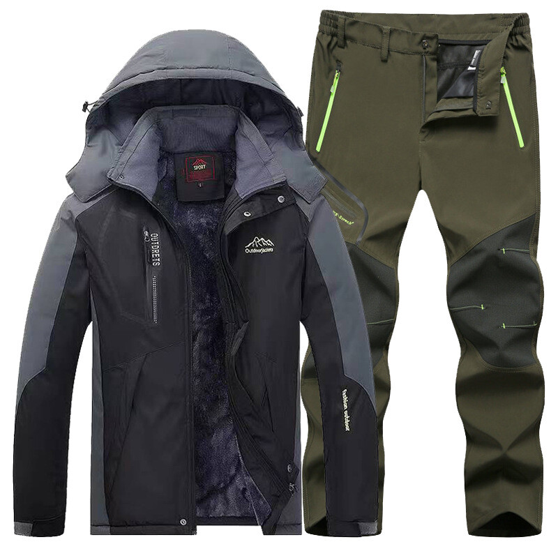 Vīriešu ūdensnecaurlaidīgas flīsa oderētas āra bikses un kokvilnas jakas komplekts. Pārdotākās vīriešu bikses ar flīsa oderi un kokvilnas jaku