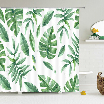 Perdea de duș modernă cu imprimeu 3D, cu model de pădure, cârlige pentru perdea de duș cu peisaj de plante și copaci verzi, decor impermeabil pentru baie