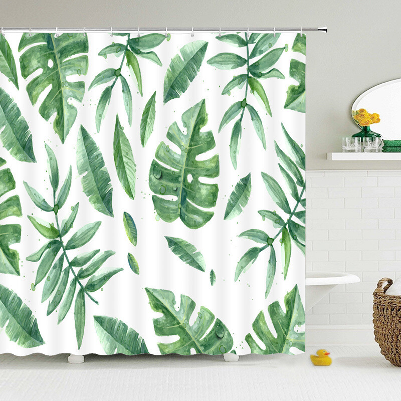 Perdea de duș modernă cu imprimeu 3D, cu model de pădure, cârlige pentru perdea de duș cu peisaj de plante și copaci verzi, decor impermeabil pentru baie
