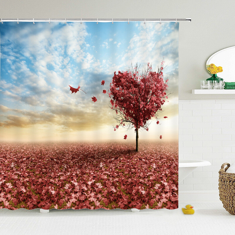 Perdea de duș modernă cu imprimeu 3D, cu model de pădure, cârlige pentru perdea de duș cu peisaj de plante și copaci verzi, decor impermeabil pentru baie