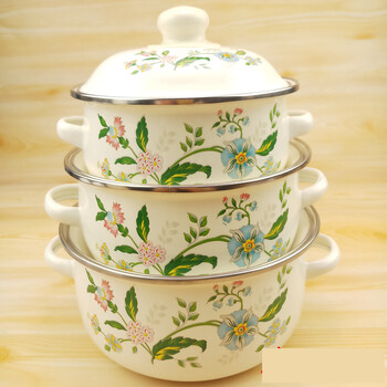 Nostalgiškas sustorintas puodas su dviem rankenomis, greito paruošimo spagečių dubuo, troškintuvas, indukcinės viryklės emaliuotas sriubos dubuo, buitinis emaliuotas sriubos dubuo su dangčiu