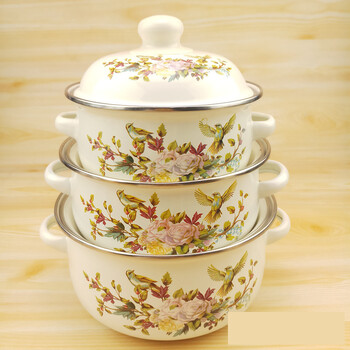 Nostalgiškas sustorintas puodas su dviem rankenomis, greito paruošimo spagečių dubuo, troškintuvas, indukcinės viryklės emaliuotas sriubos dubuo, buitinis emaliuotas sriubos dubuo su dangčiu