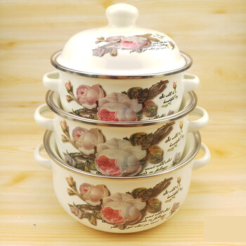 Nostalgiškas sustorintas puodas su dviem rankenomis, greito paruošimo spagečių dubuo, troškintuvas, indukcinės viryklės emaliuotas sriubos dubuo, buitinis emaliuotas sriubos dubuo su dangčiu