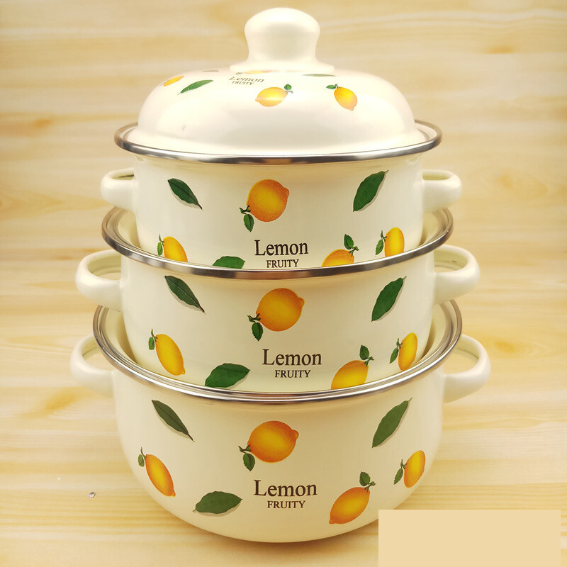 Nostalgiškas sustorintas puodas su dviem rankenomis, greito paruošimo spagečių dubuo, troškintuvas, indukcinės viryklės emaliuotas sriubos dubuo, buitinis emaliuotas sriubos dubuo su dangčiu