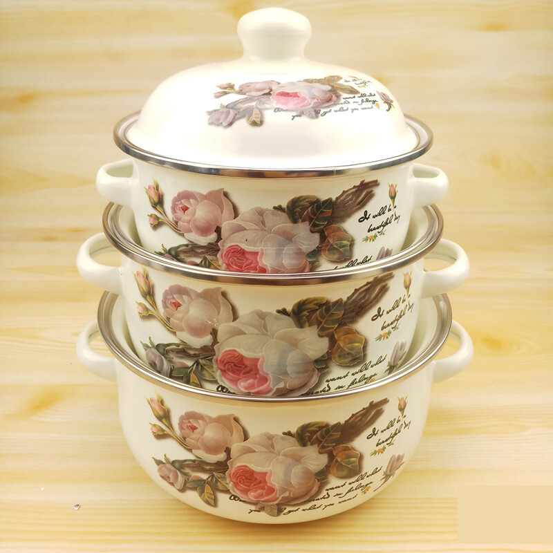 Nostalgiškas sustorintas puodas su dviem rankenomis, greito paruošimo spagečių dubuo, troškintuvas, indukcinės viryklės emaliuotas sriubos dubuo, buitinis emaliuotas sriubos dubuo su dangčiu