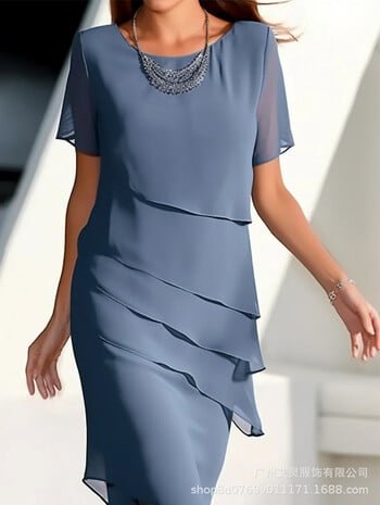 Sieviešu vienkrāsaina ikdienas kleita ar īsām piedurknēm, spīdīgiem volāniem un apaļu kakla izgriezumu