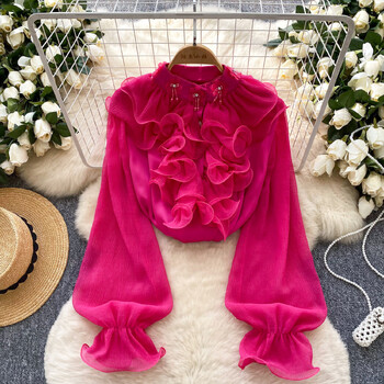 Moderan ženski top od satena u francuskom stilu s 3D cvjetnim volanima i perlicama, širokog kroja, svestran, sa zvonastim rukavima.