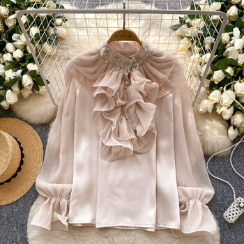 Moderan ženski top od satena u francuskom stilu s 3D cvjetnim volanima i perlicama, širokog kroja, svestran, sa zvonastim rukavima.