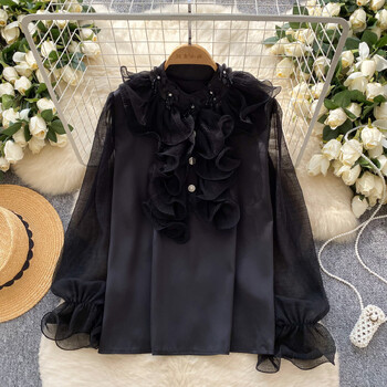 Moderan ženski top od satena u francuskom stilu s 3D cvjetnim volanima i perlicama, širokog kroja, svestran, sa zvonastim rukavima.