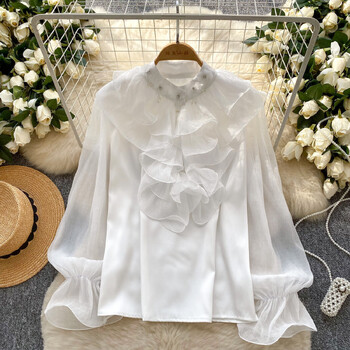 Moderan ženski top od satena u francuskom stilu s 3D cvjetnim volanima i perlicama, širokog kroja, svestran, sa zvonastim rukavima.