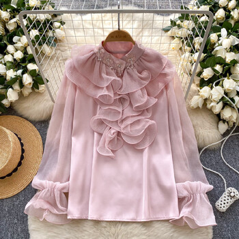 Moderan ženski top od satena u francuskom stilu s 3D cvjetnim volanima i perlicama, širokog kroja, svestran, sa zvonastim rukavima.