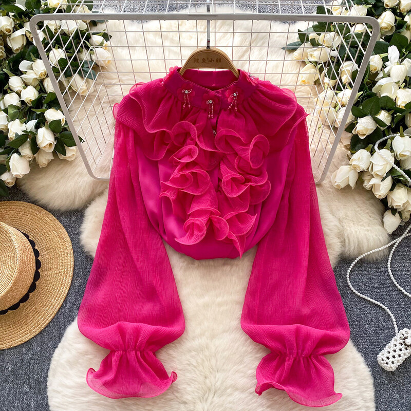 Moderan ženski top od satena u francuskom stilu s 3D cvjetnim volanima i perlicama, širokog kroja, svestran, sa zvonastim rukavima.