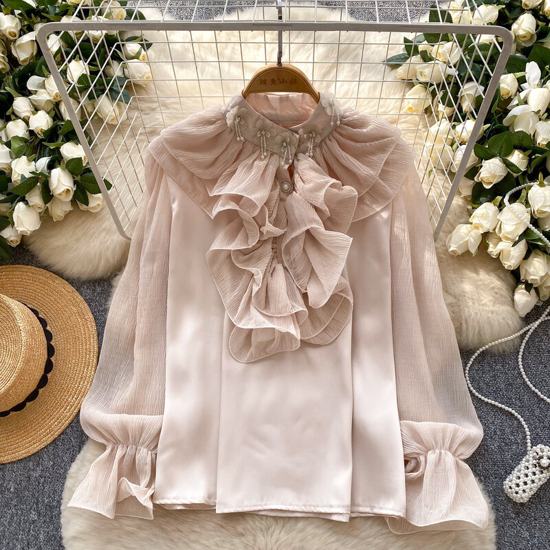 Moderan ženski top od satena u francuskom stilu s 3D cvjetnim volanima i perlicama, širokog kroja, svestran, sa zvonastim rukavima.