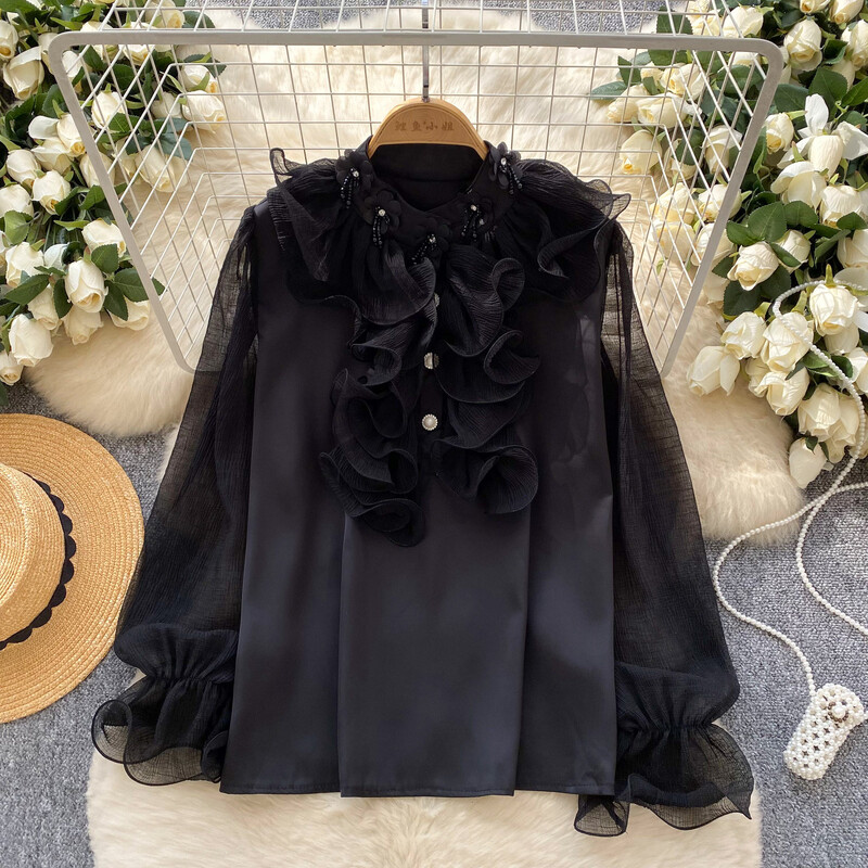 Moderan ženski top od satena u francuskom stilu s 3D cvjetnim volanima i perlicama, širokog kroja, svestran, sa zvonastim rukavima.