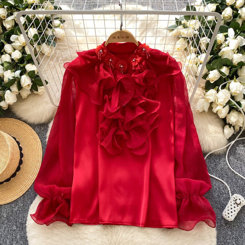 Moderan ženski top od satena u francuskom stilu s 3D cvjetnim volanima i perlicama, širokog kroja, svestran, sa zvonastim rukavima.