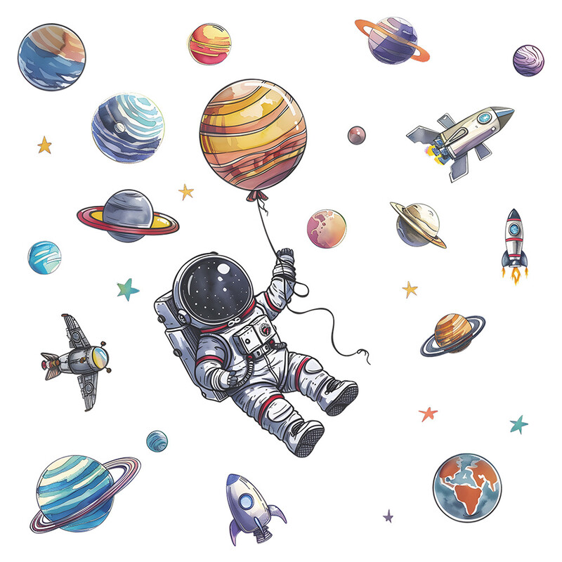 MG-B012 Radoša astronauta raķetes planētas guļamistabas dzīvojamās istabas mājas dekora sienas uzlīme pašlīmējoša vairumtirdzniecība