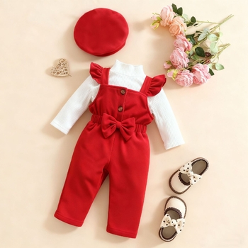 Нов комплект есенно/зимна рокля за момичета с едноцветен оребрена топ + гащеризон с дантелена панделка и шапка