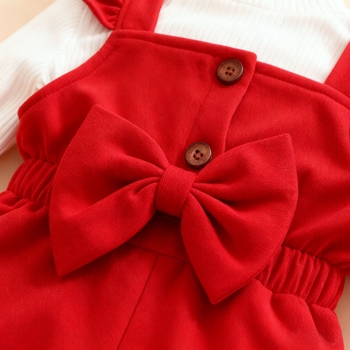 Нов комплект есенно/зимна рокля за момичета с едноцветен оребрена топ + гащеризон с дантелена панделка и шапка