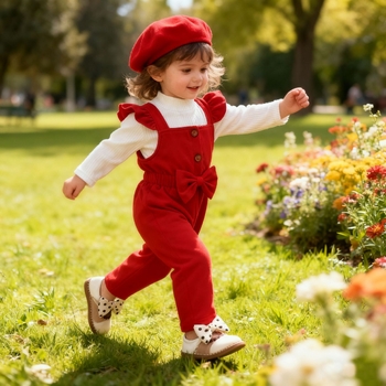 Нов комплект есенно/зимна рокля за момичета с едноцветен оребрена топ + гащеризон с дантелена панделка и шапка