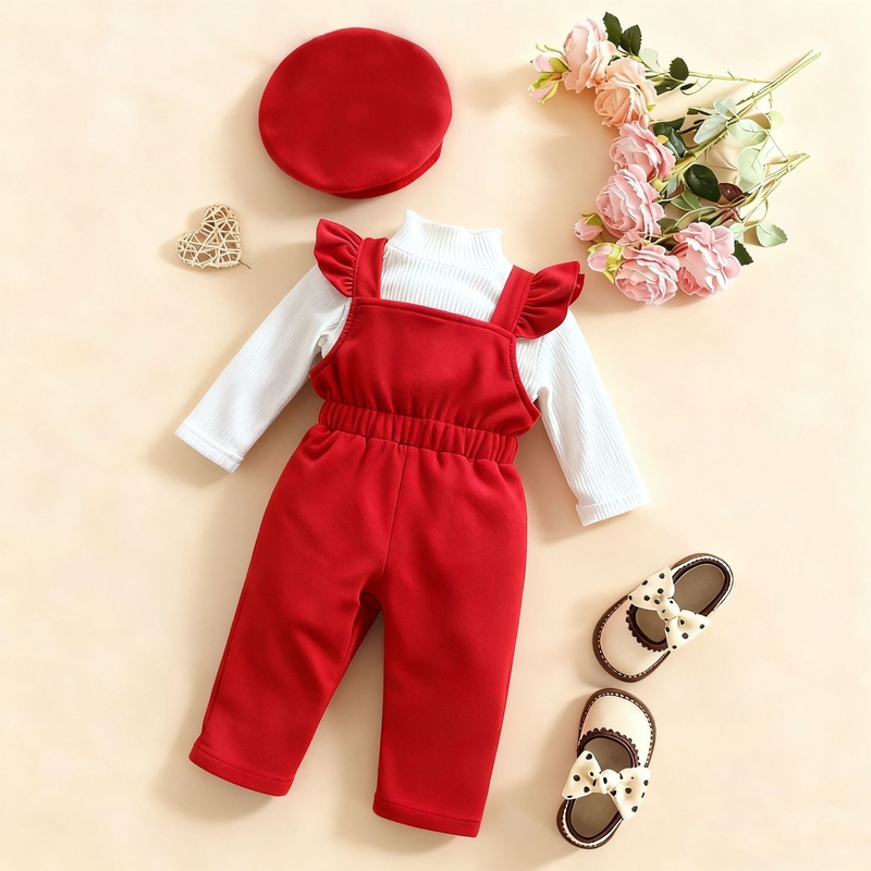 Нов комплект есенно/зимна рокля за момичета с едноцветен оребрена топ + гащеризон с дантелена панделка и шапка